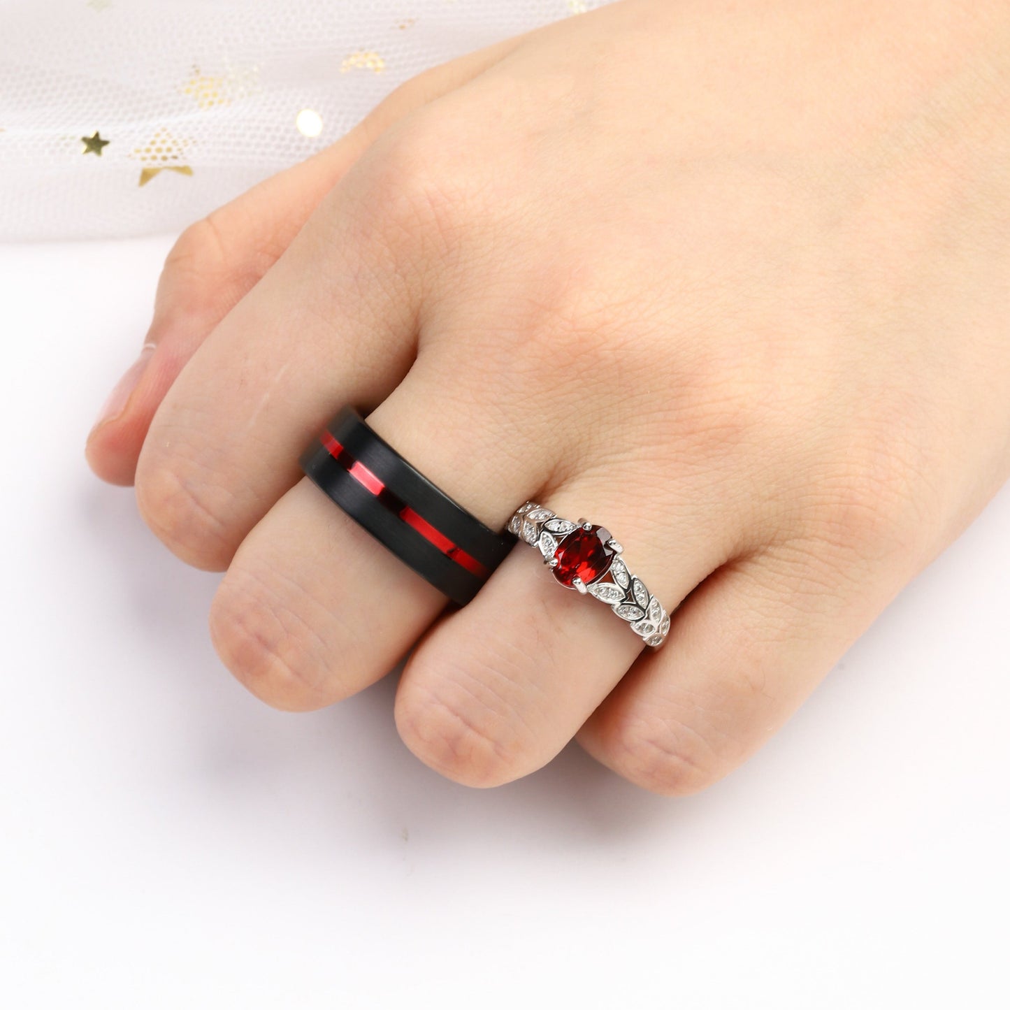 The Ember - Natural Garnet 925 Silver / Tungsten Couple Ring Set