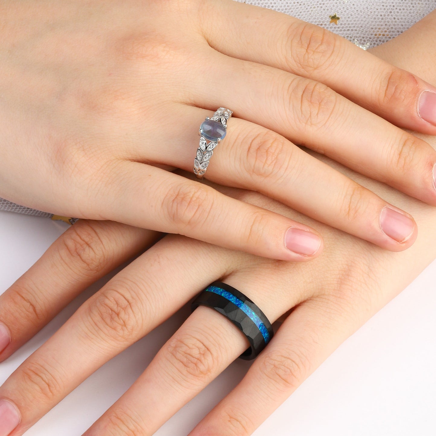 The Aqualis - Aquamarine & Crushed Opal Couple Ring Set