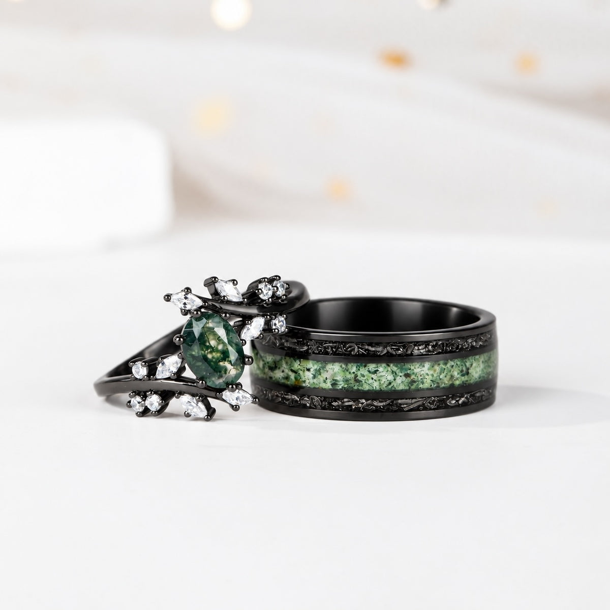 The Everwood - Natural Moss Agate Couple Rings