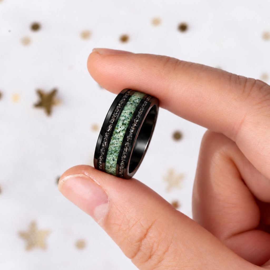 Natural Moss Agate Tungsten Ring