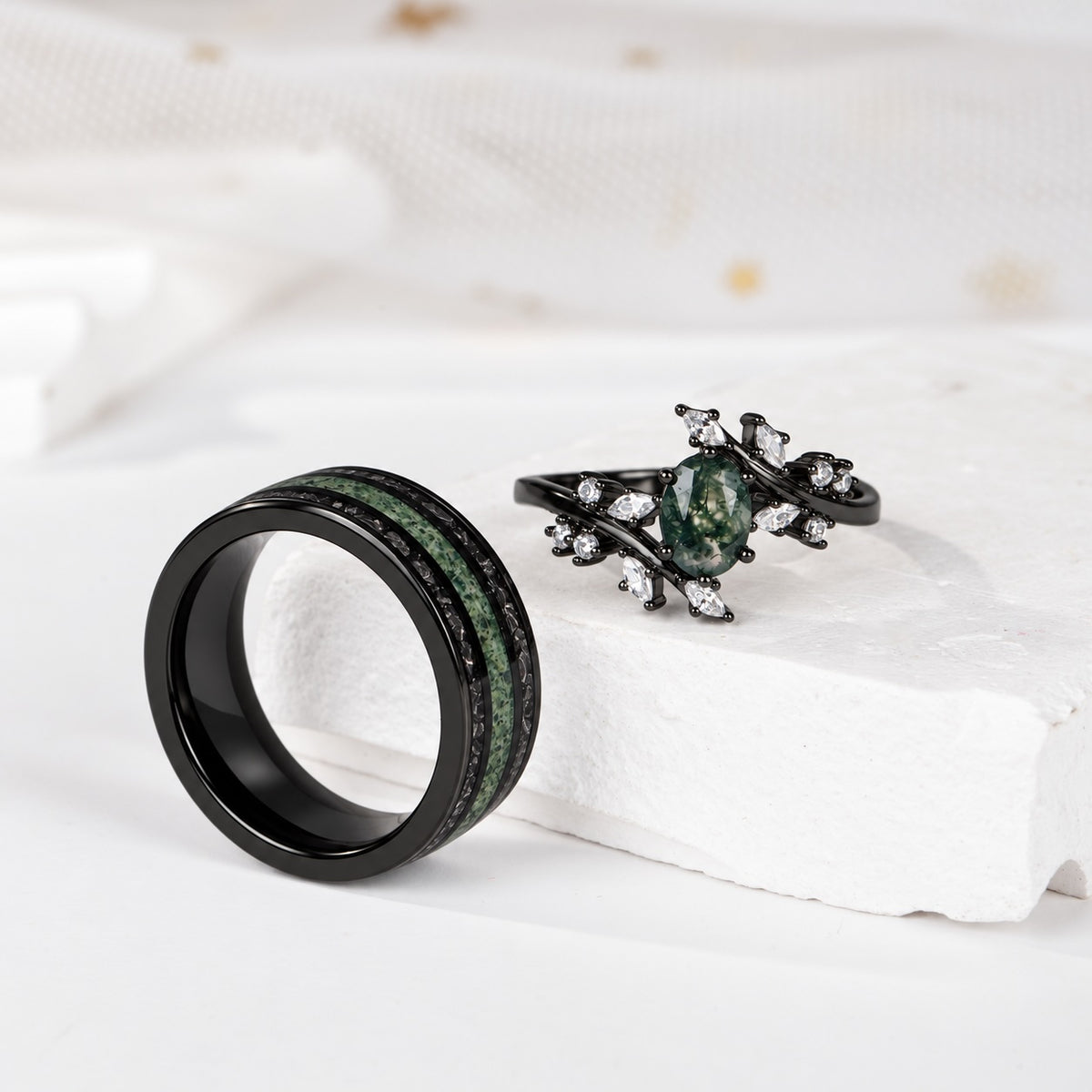 The Everwood - Natural Moss Agate Couple Rings