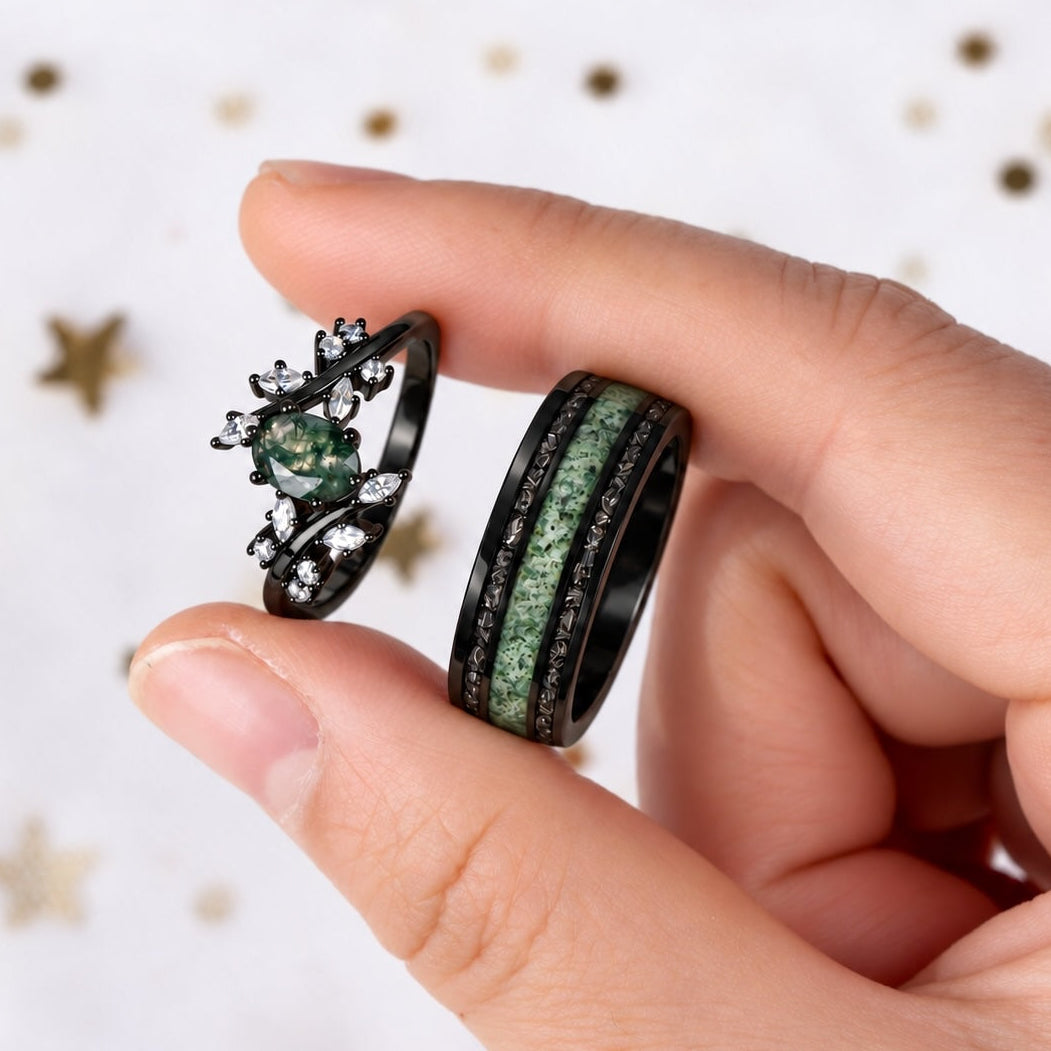 The Everwood - Natural Moss Agate Couple Rings