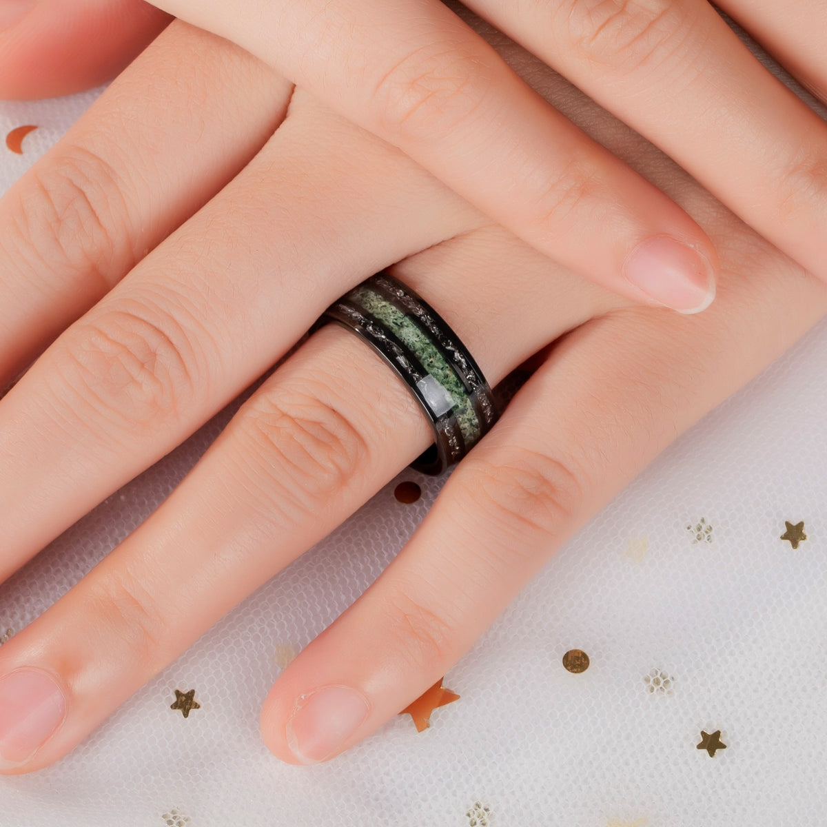 Natural Moss Agate Tungsten Ring