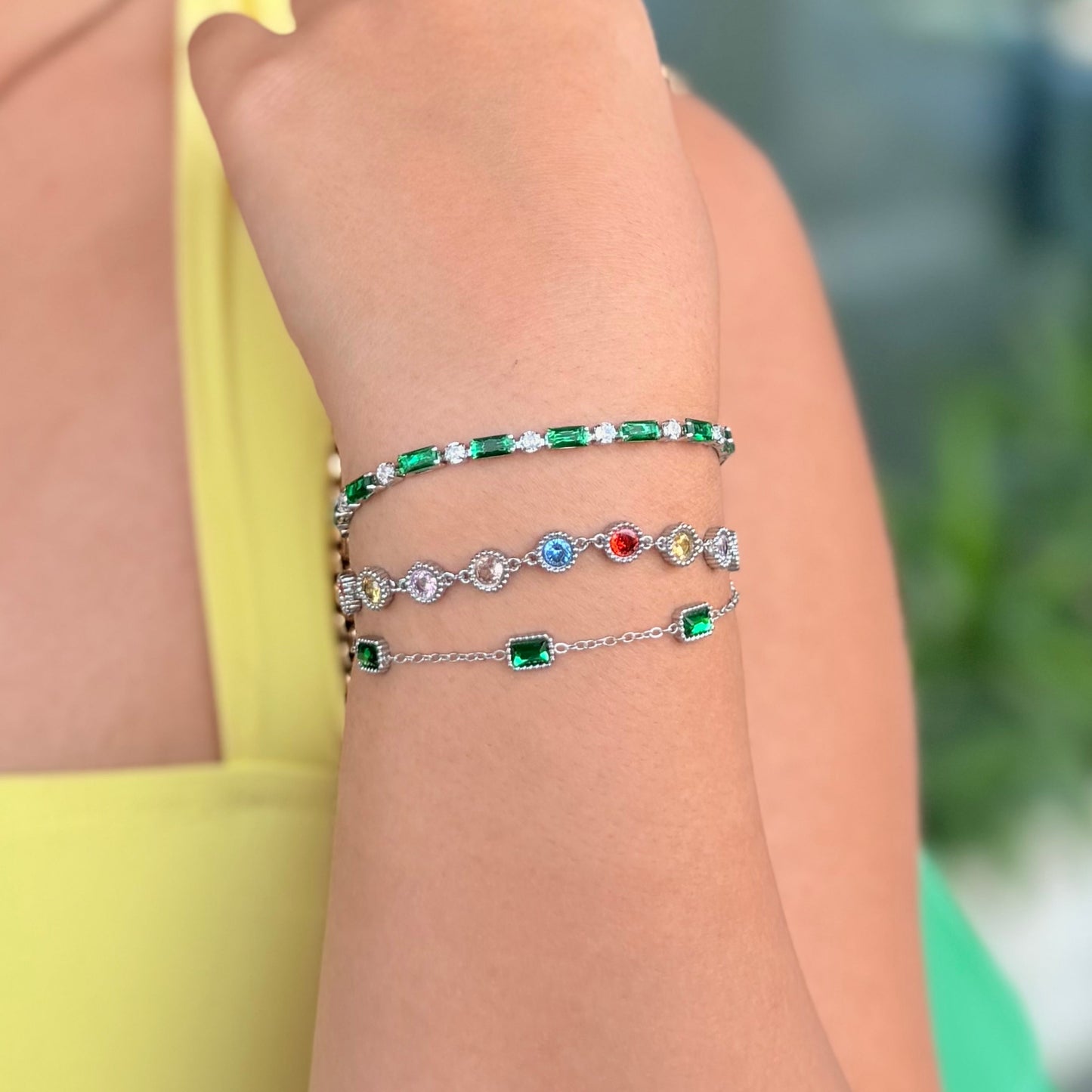 Emerald Green Bracelet Stack Set with Simulated Diamonds