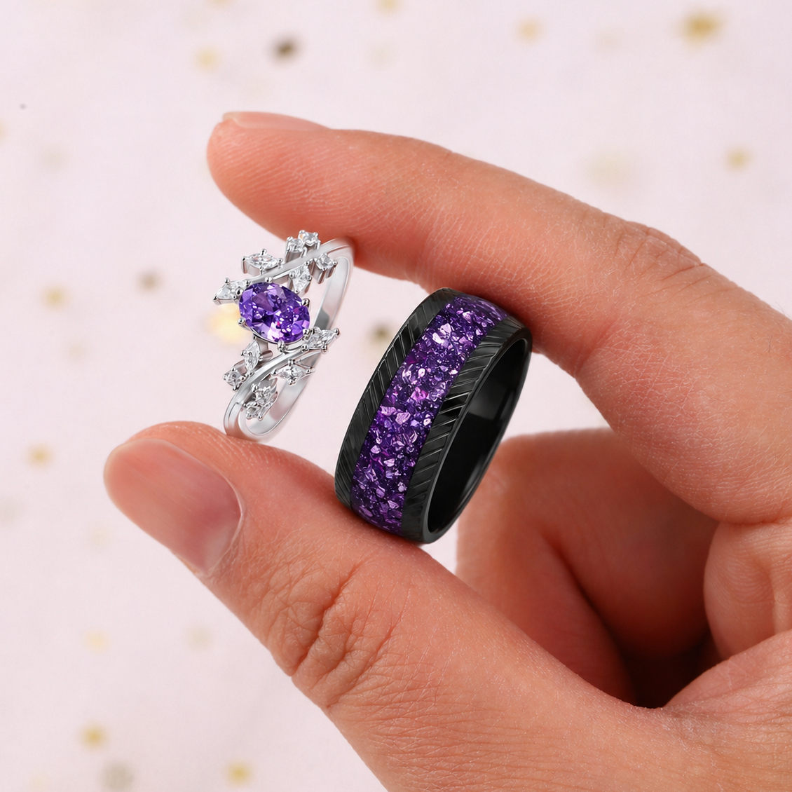 The Serenya - Natural Amethyst Couple Ring Set