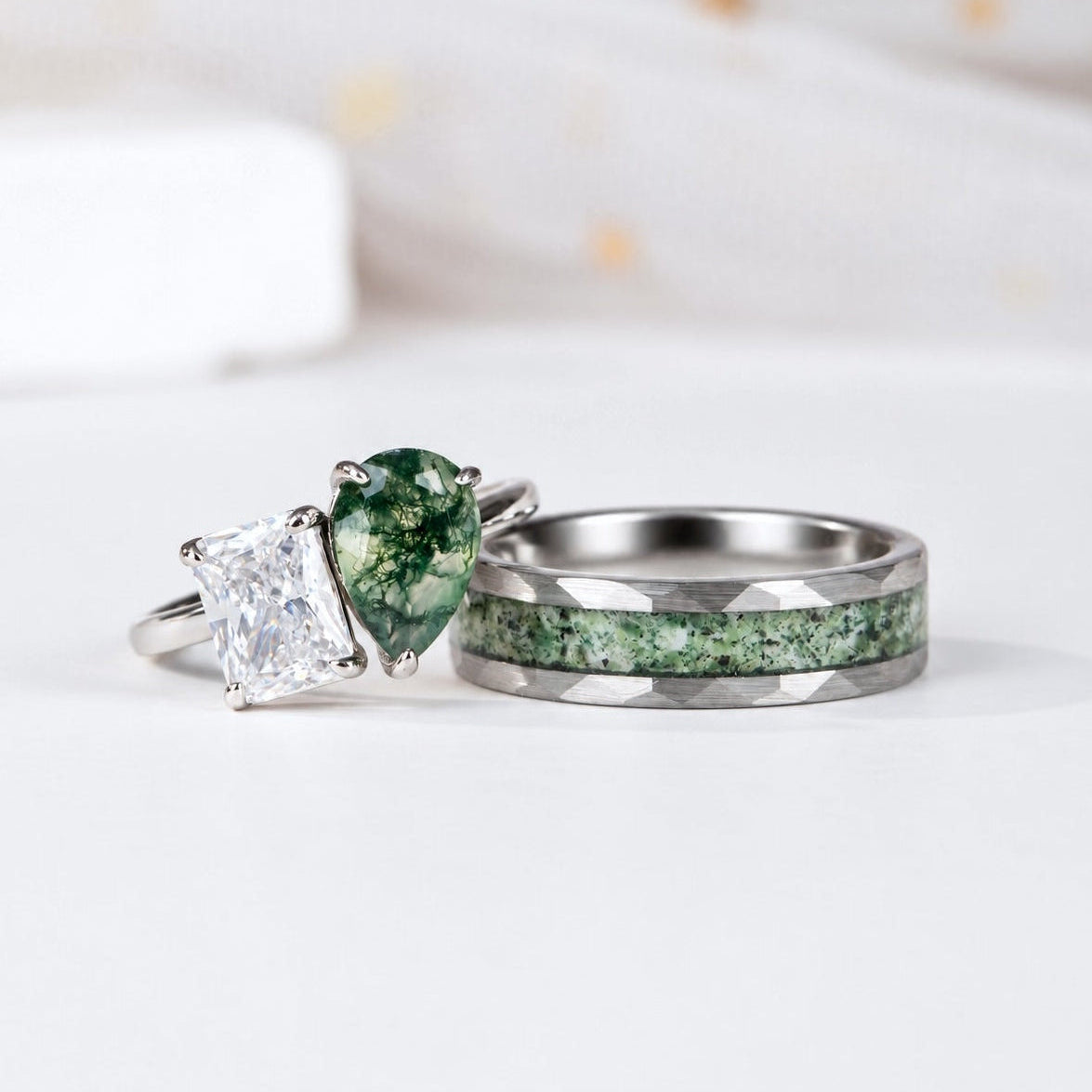 The Grove - Natural Moss Agate Couple Rings