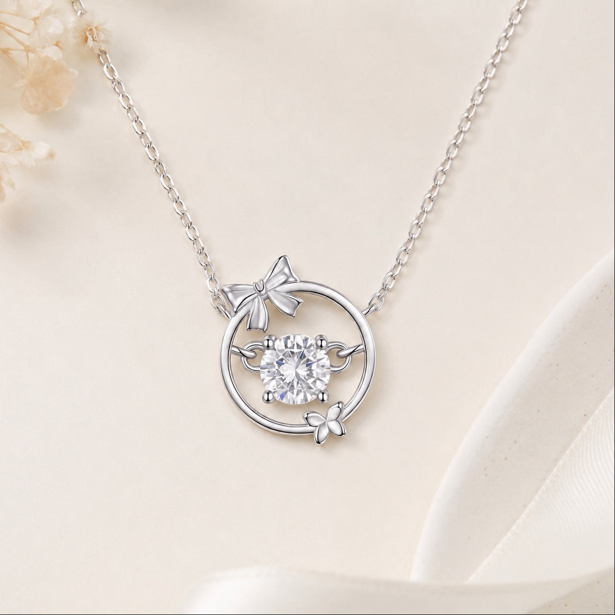 Simulated Diamond Floral Pendant Necklace - 925 Silver