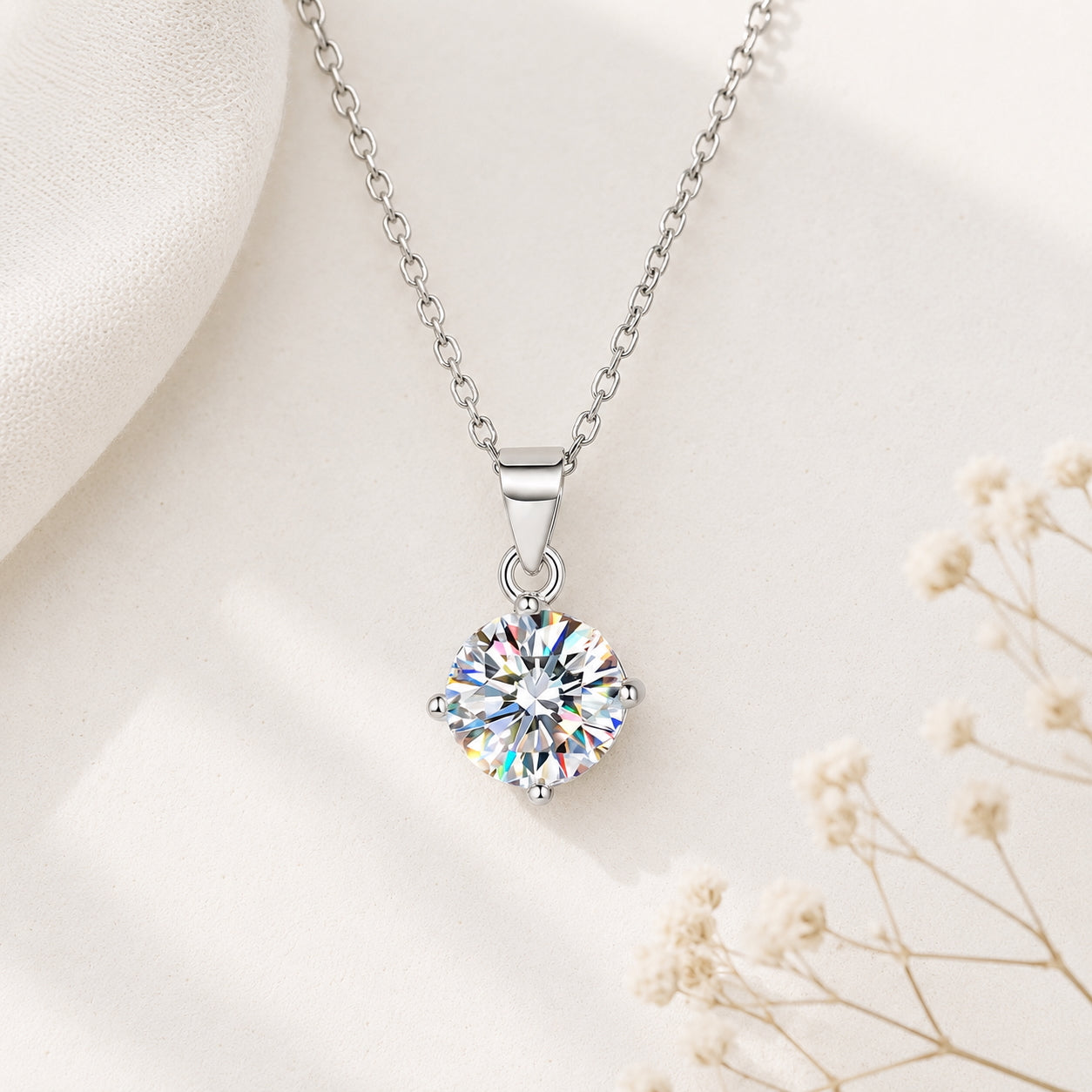 Round Cut Moissanite Solitaire Pendant Necklace - 925 Silver