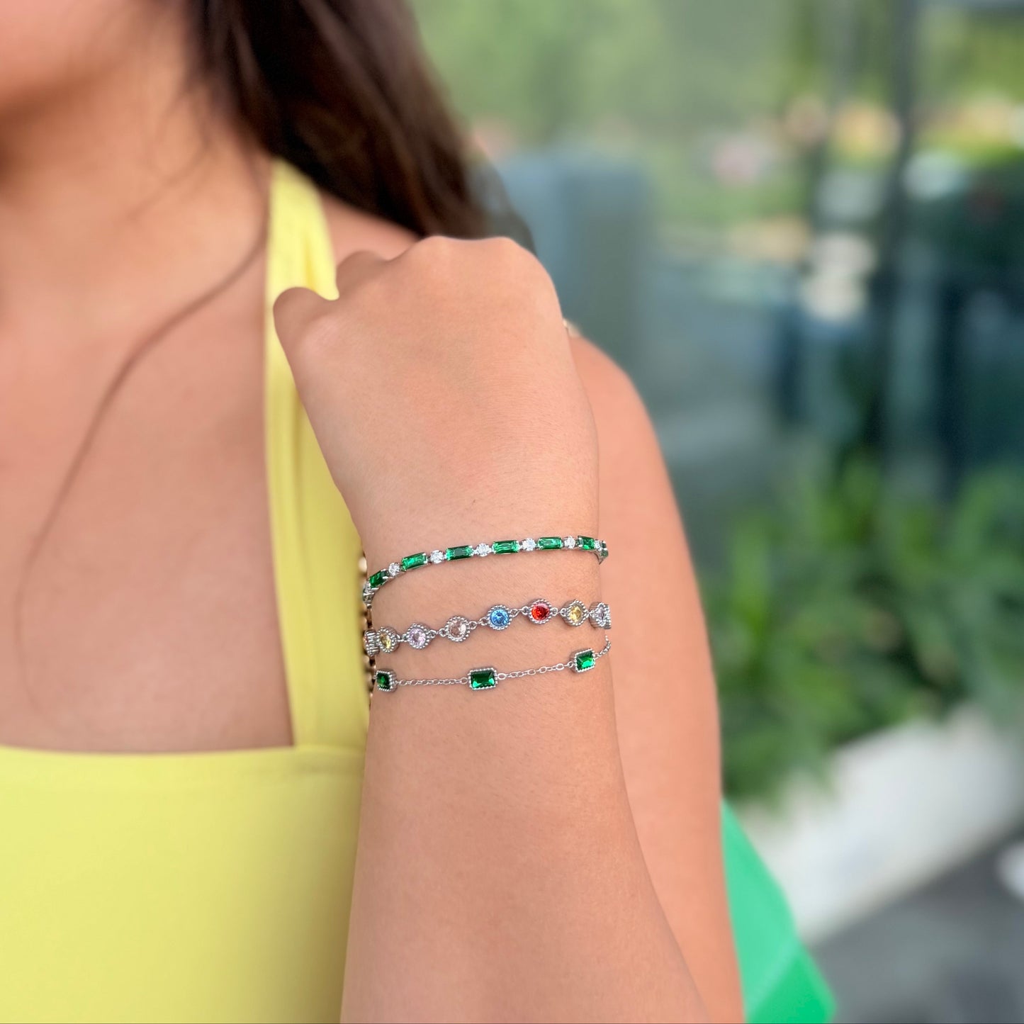 Emerald Green Bracelet Stack Set with Simulated Diamonds