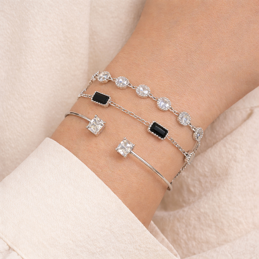 Silver-Toned Bracelet Stack with Black Onyx & Simulated Diamonds