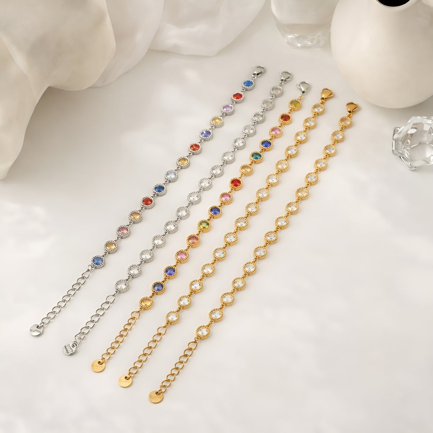 Round Bezel Tennis Charm Bracelets