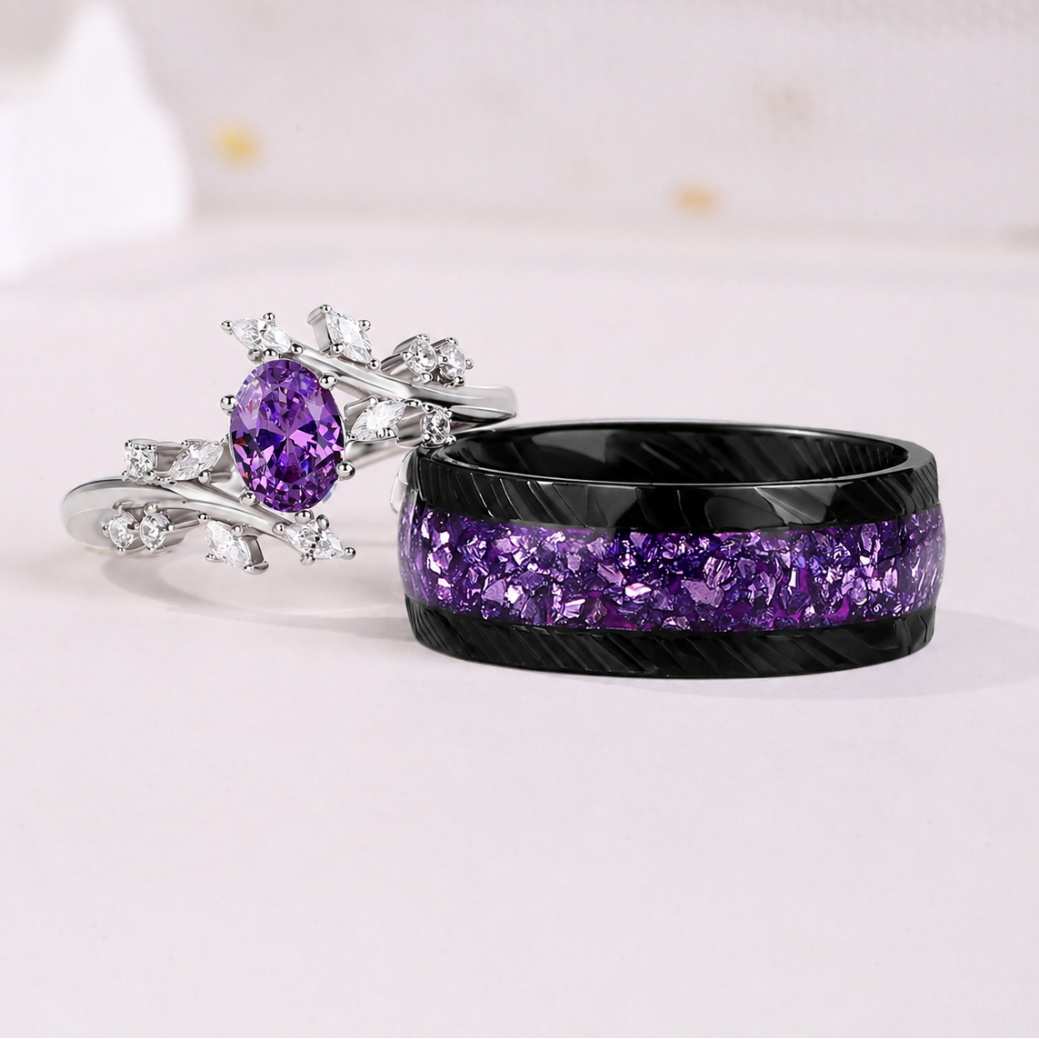 The Serenya - Natural Amethyst Couple Ring Set