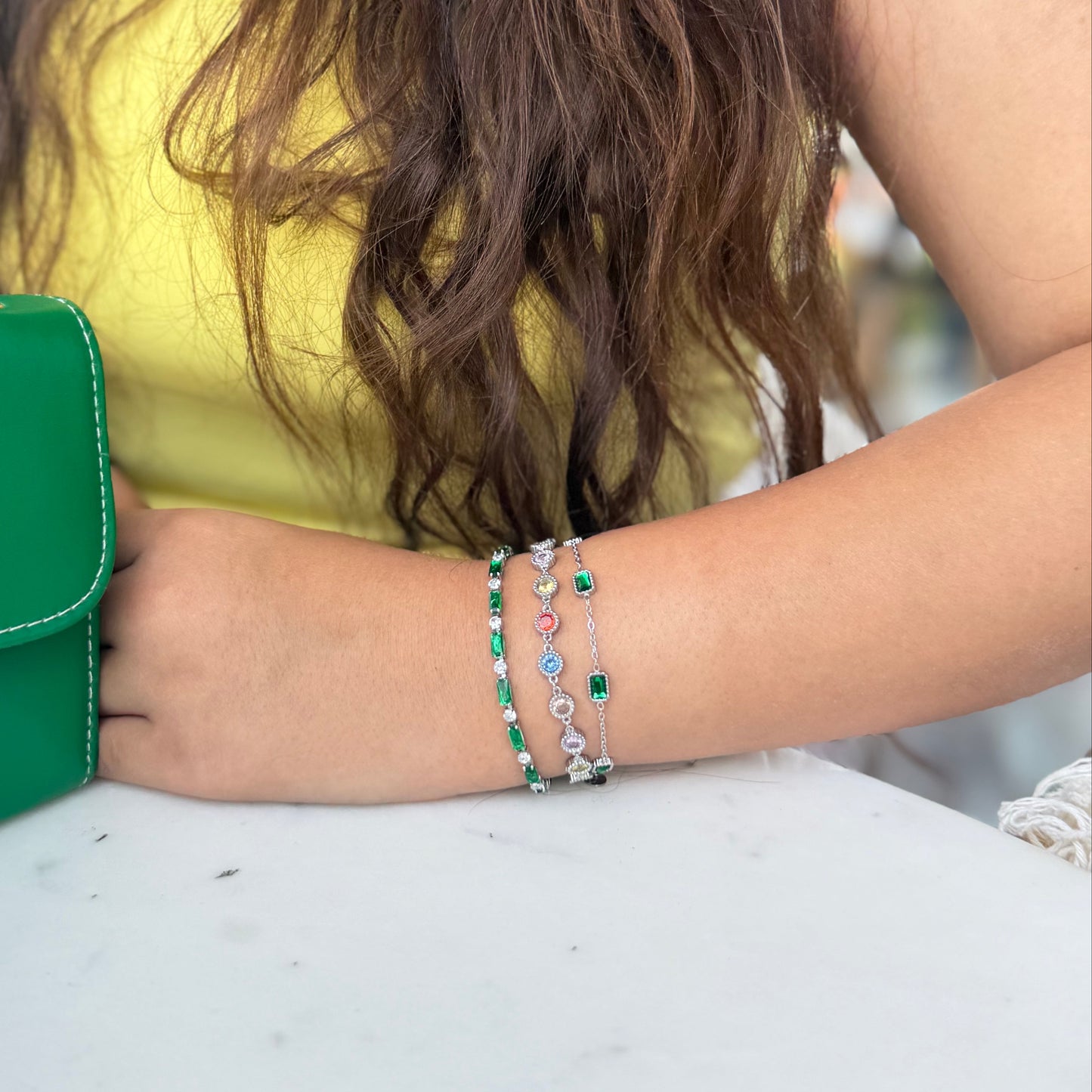 Emerald Green Bracelet Stack Set with Simulated Diamonds