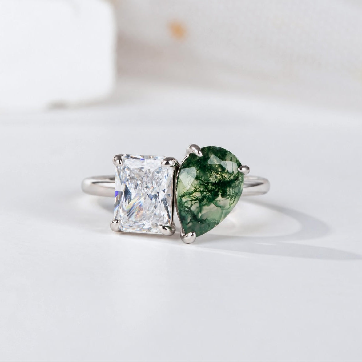 The Grove - Natural Moss Agate Couple Rings