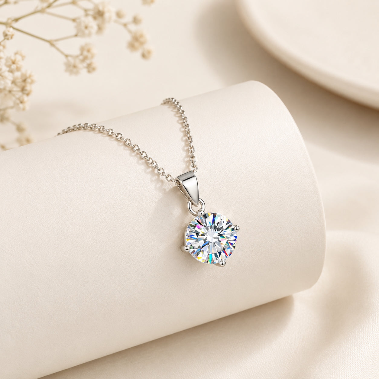 Round Cut Moissanite Solitaire Pendant Necklace - 925 Silver