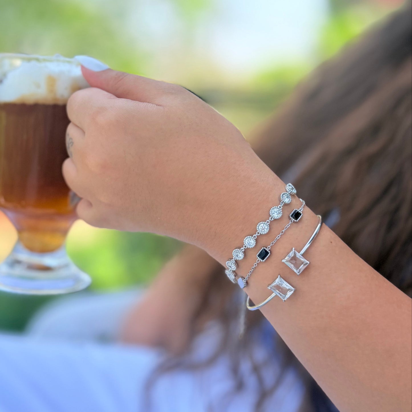 Silver-Toned Bracelet Stack with Black Onyx & Simulated Diamonds