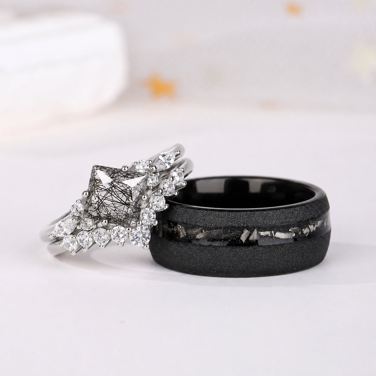The Obsidian - Natural Black Rutilated Couple Rings
