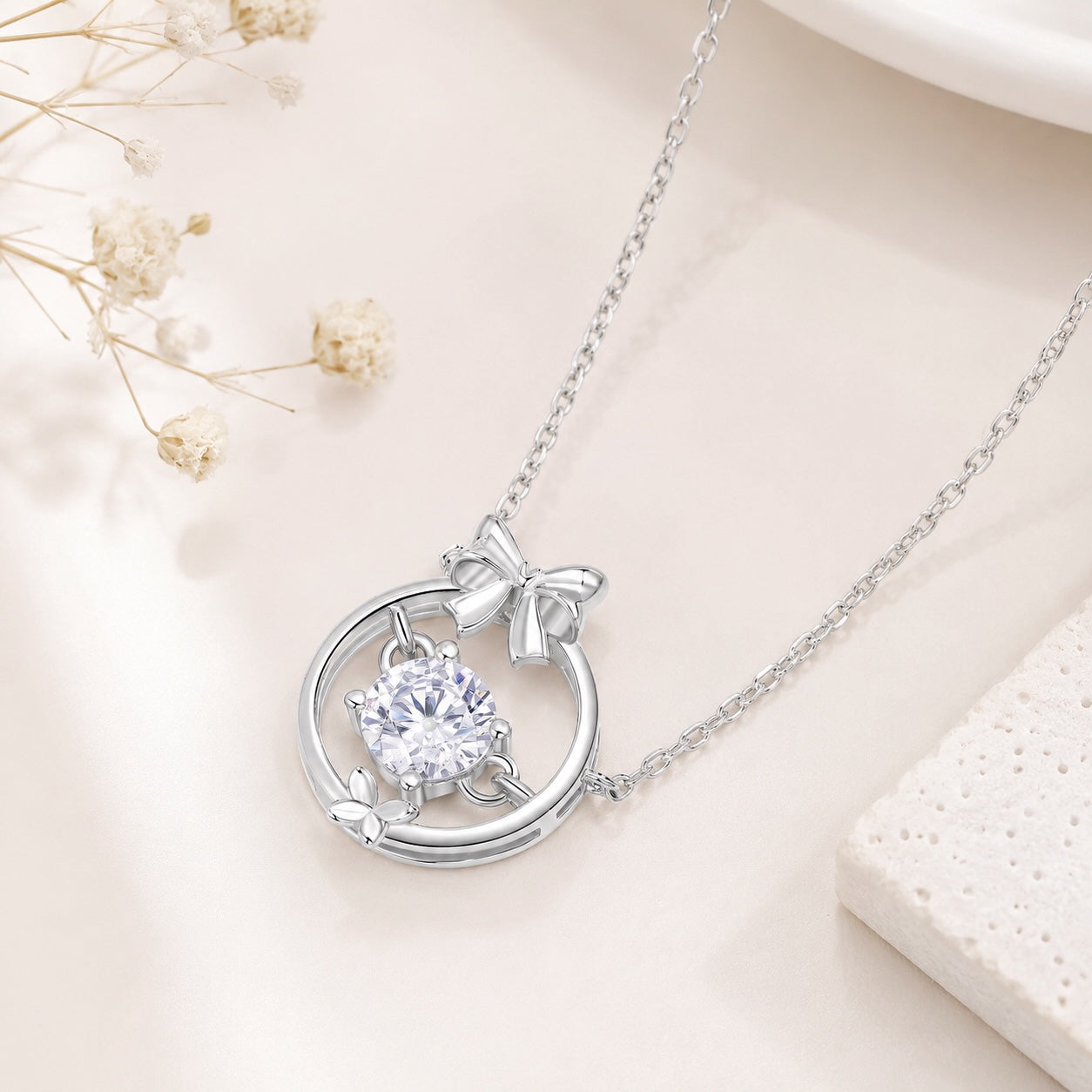 Simulated Diamond Floral Pendant Necklace - 925 Silver