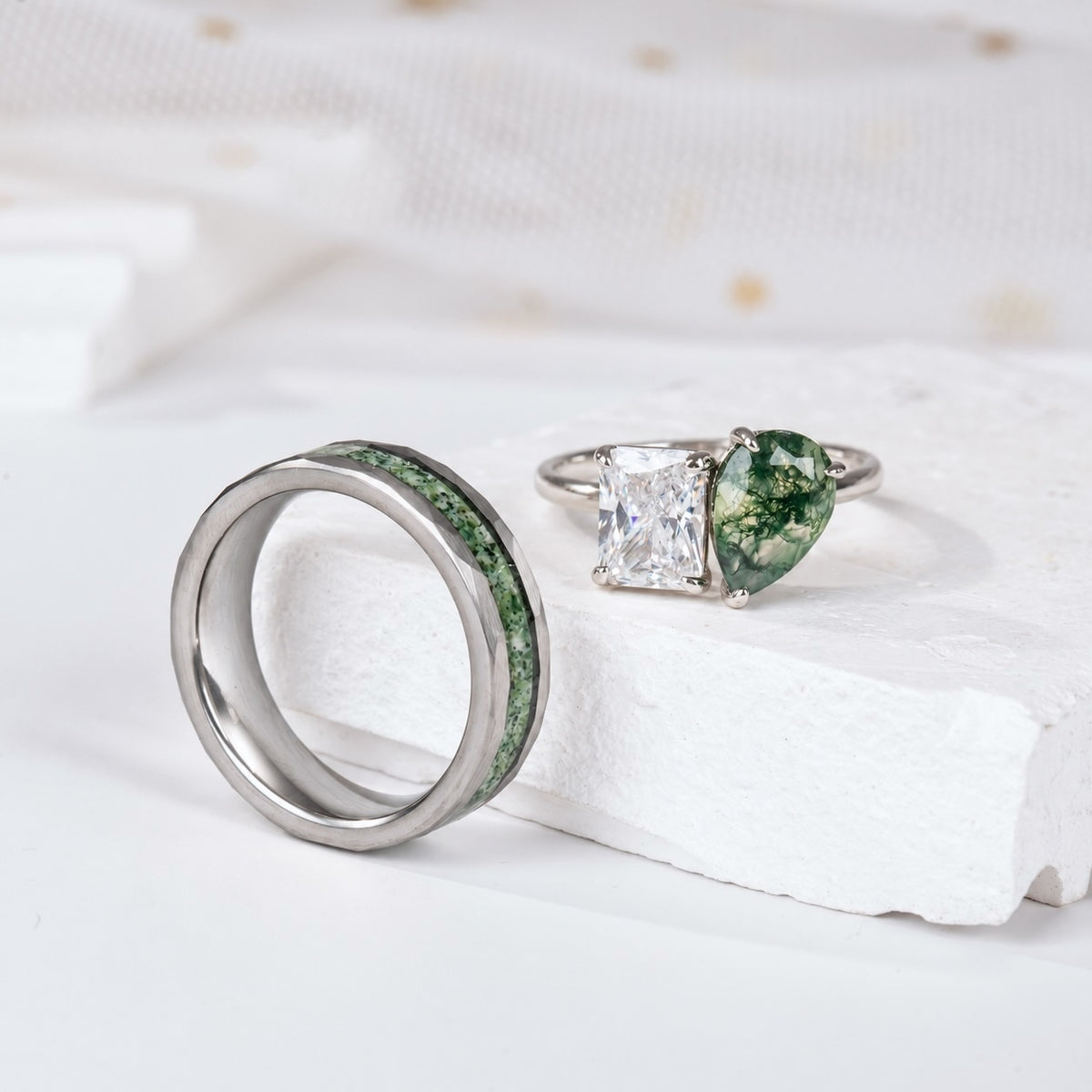 The Grove - Natural Moss Agate Couple Rings