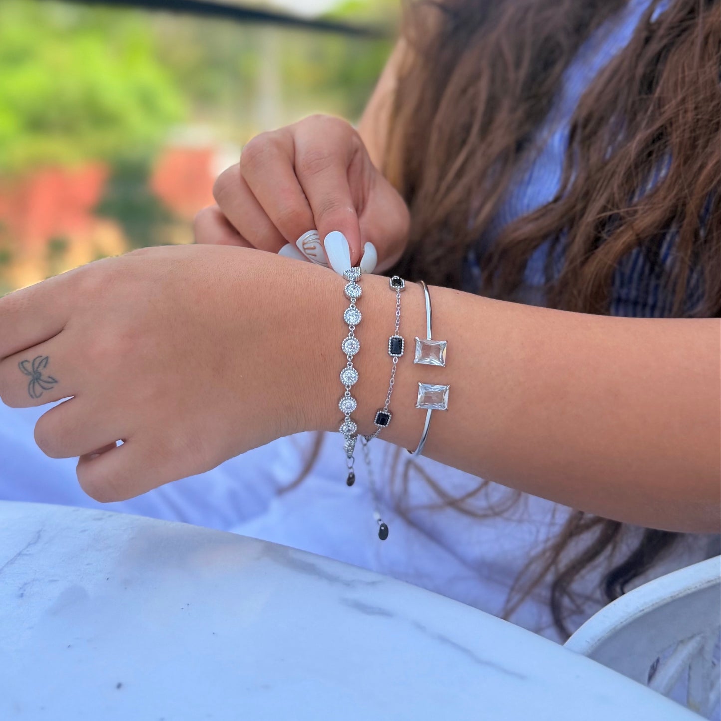 Silver-Toned Bracelet Stack with Black Onyx & Simulated Diamonds