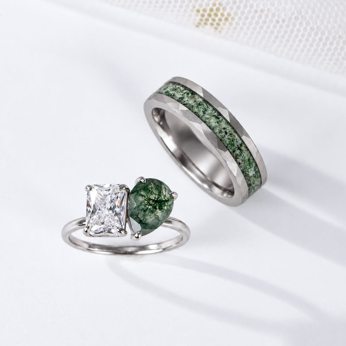 The Grove - Natural Moss Agate Couple Rings