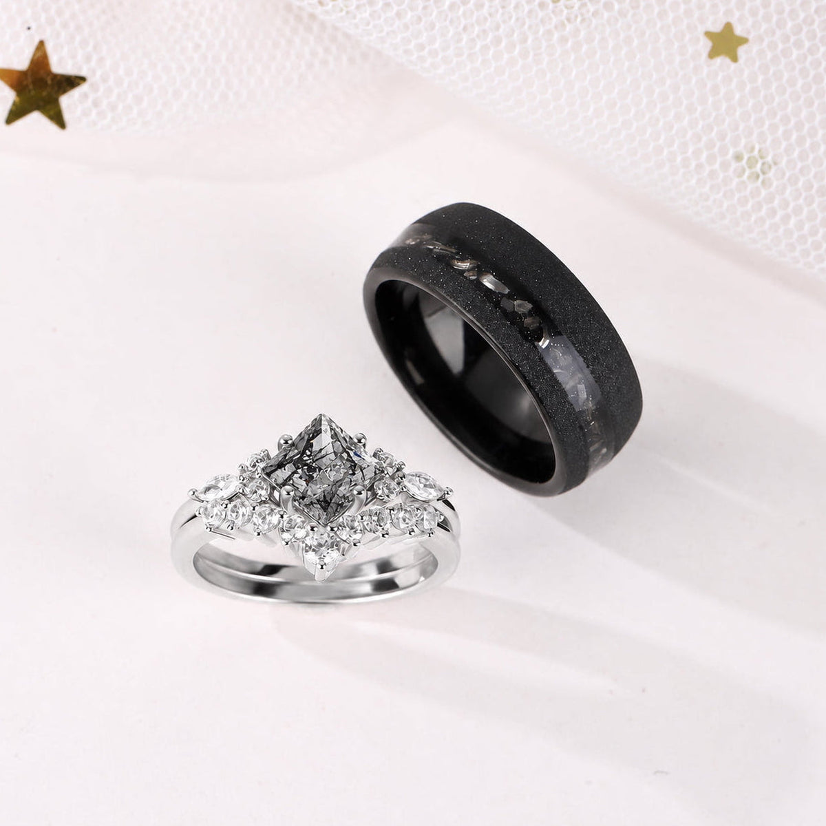 The Obsidian - Natural Black Rutilated Couple Rings