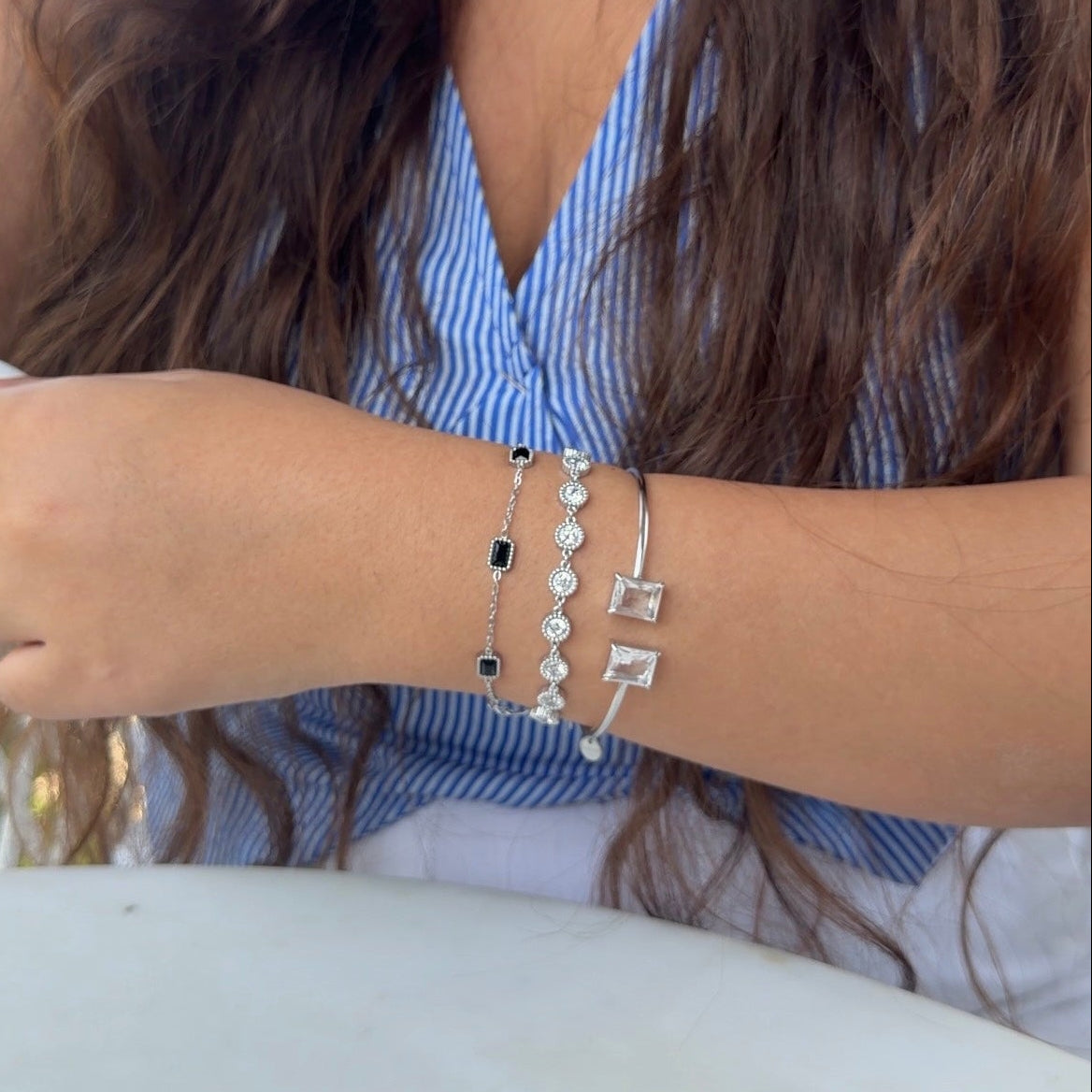 Silver-Toned Bracelet Stack with Black Onyx & Simulated Diamonds