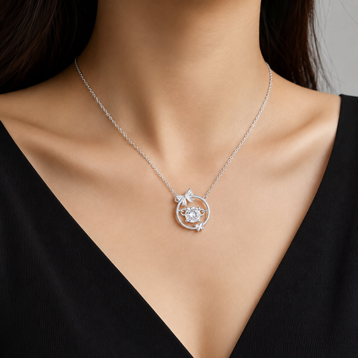 Simulated Diamond Floral Pendant Necklace - 925 Silver