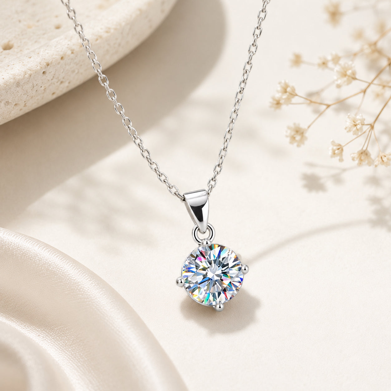 Round Cut Moissanite Solitaire Pendant Necklace - 925 Silver