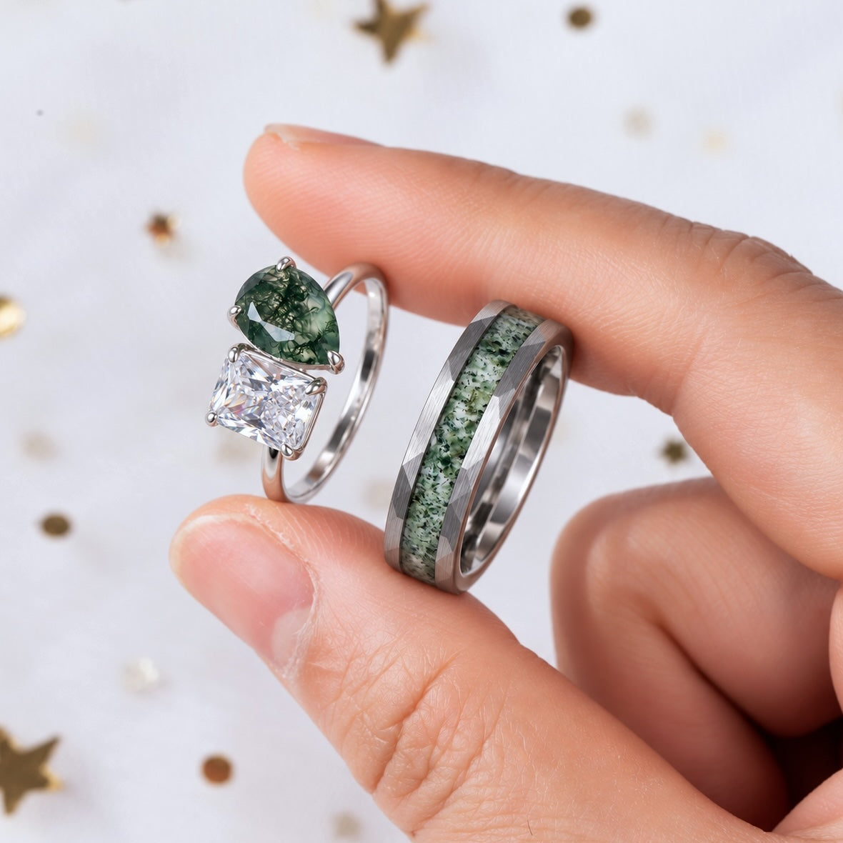 The Grove - Natural Moss Agate Couple Rings