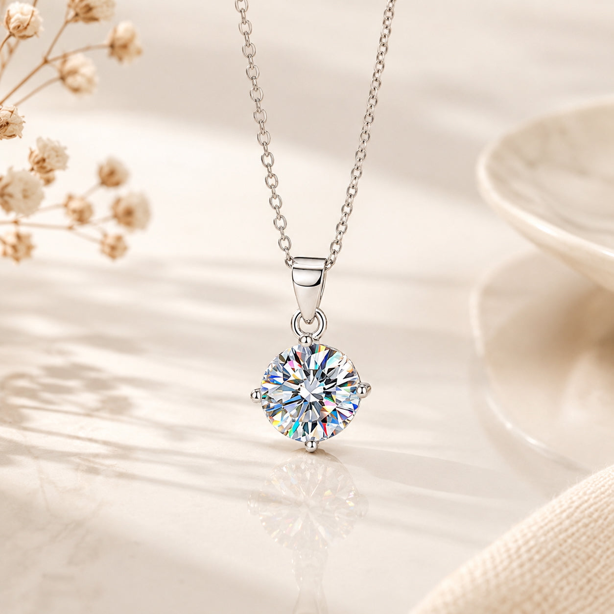 Round Cut Moissanite Solitaire Pendant Necklace - 925 Silver