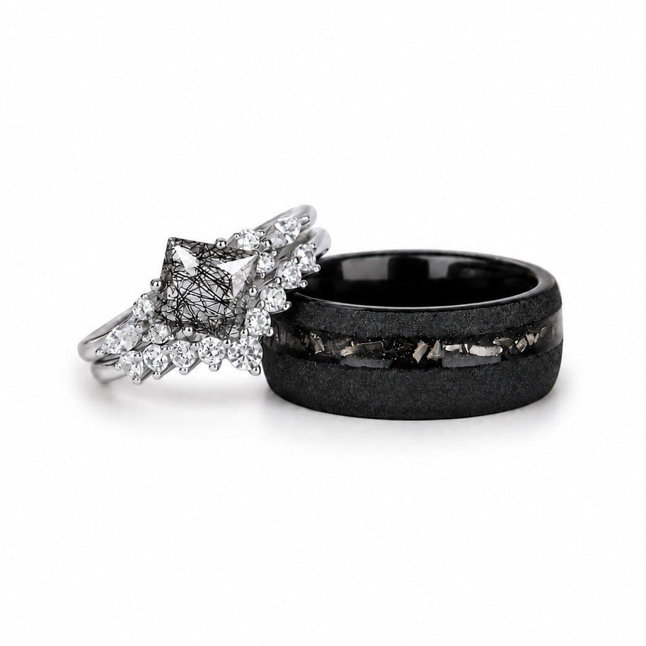 The Obsidian - Natural Black Rutilated Couple Rings