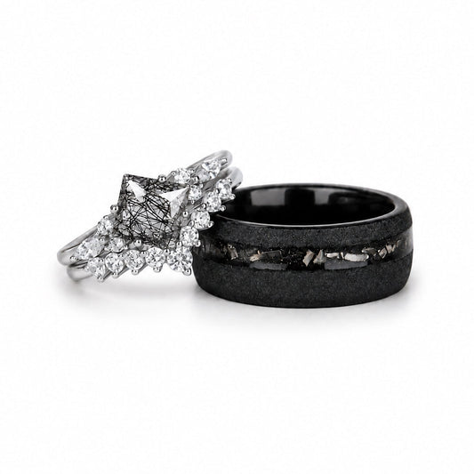 The Obsidian - Natural Black Rutilated Couple Rings