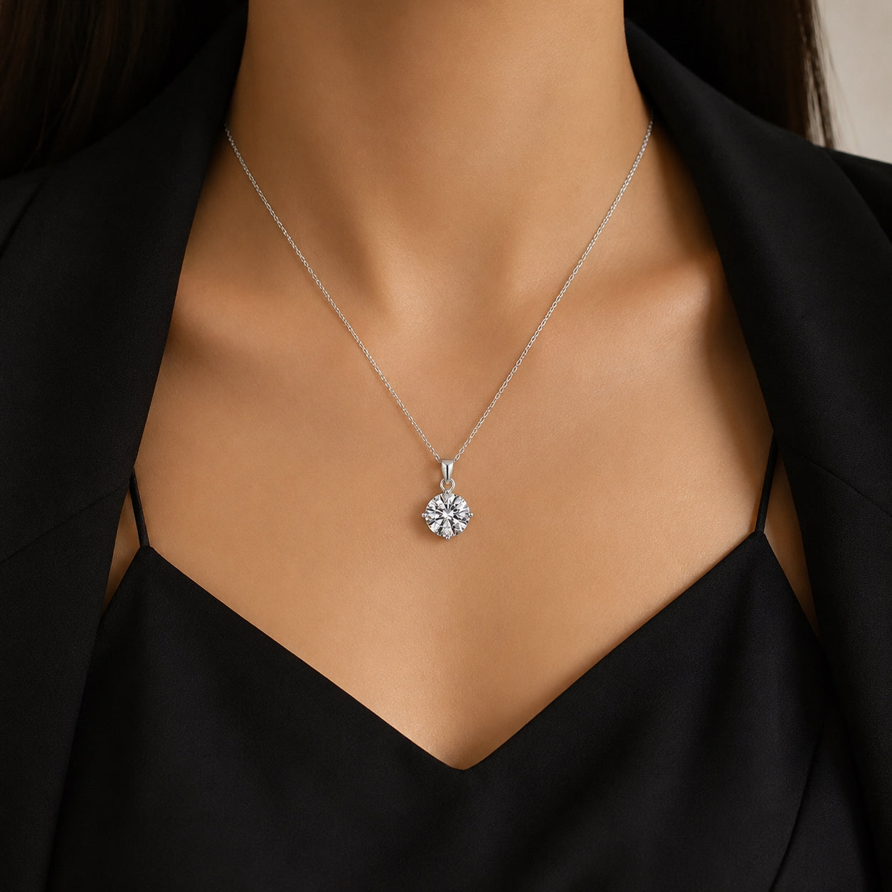 Round Cut Moissanite Solitaire Pendant Necklace - 925 Silver