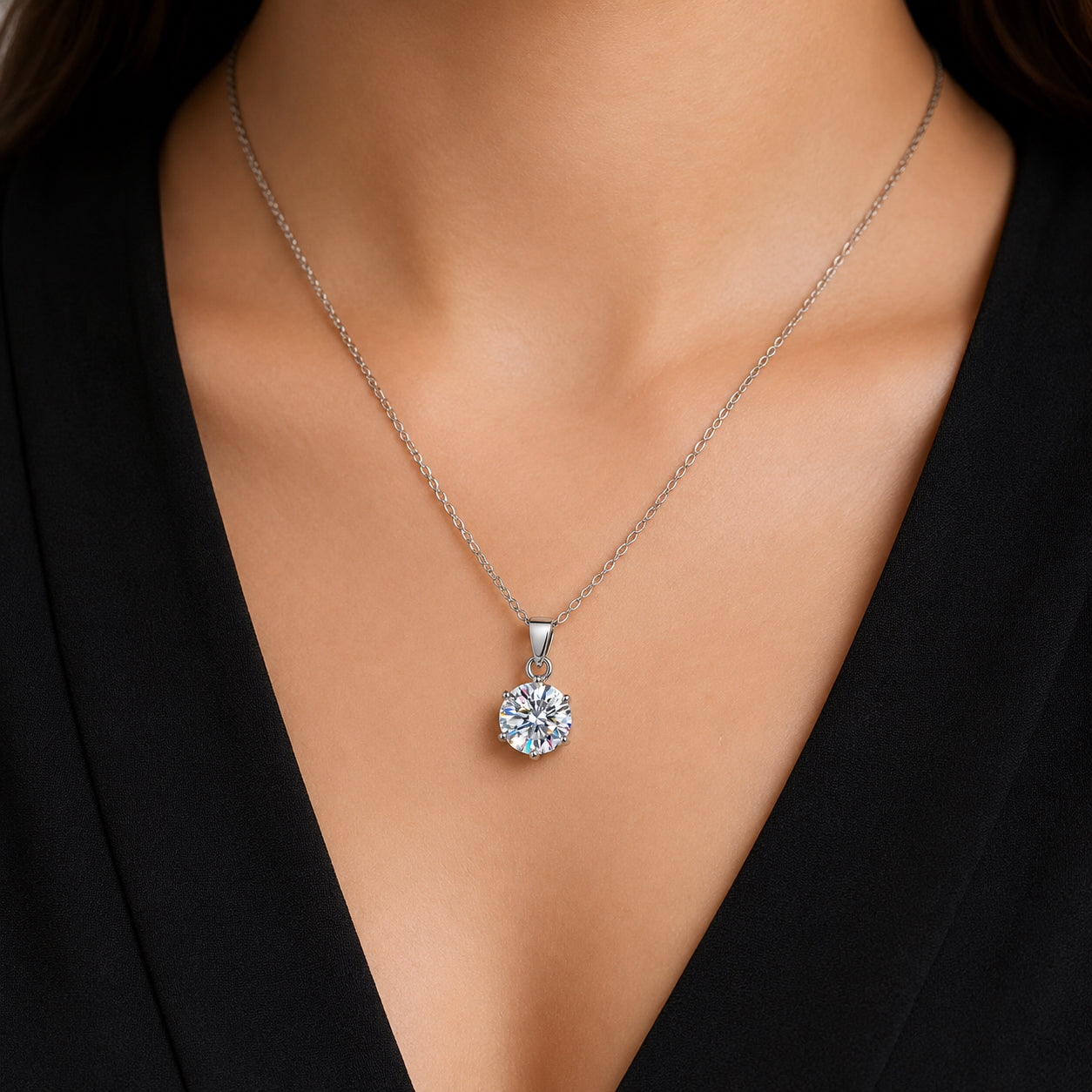 Round Cut Moissanite Solitaire Pendant Necklace - 925 Silver