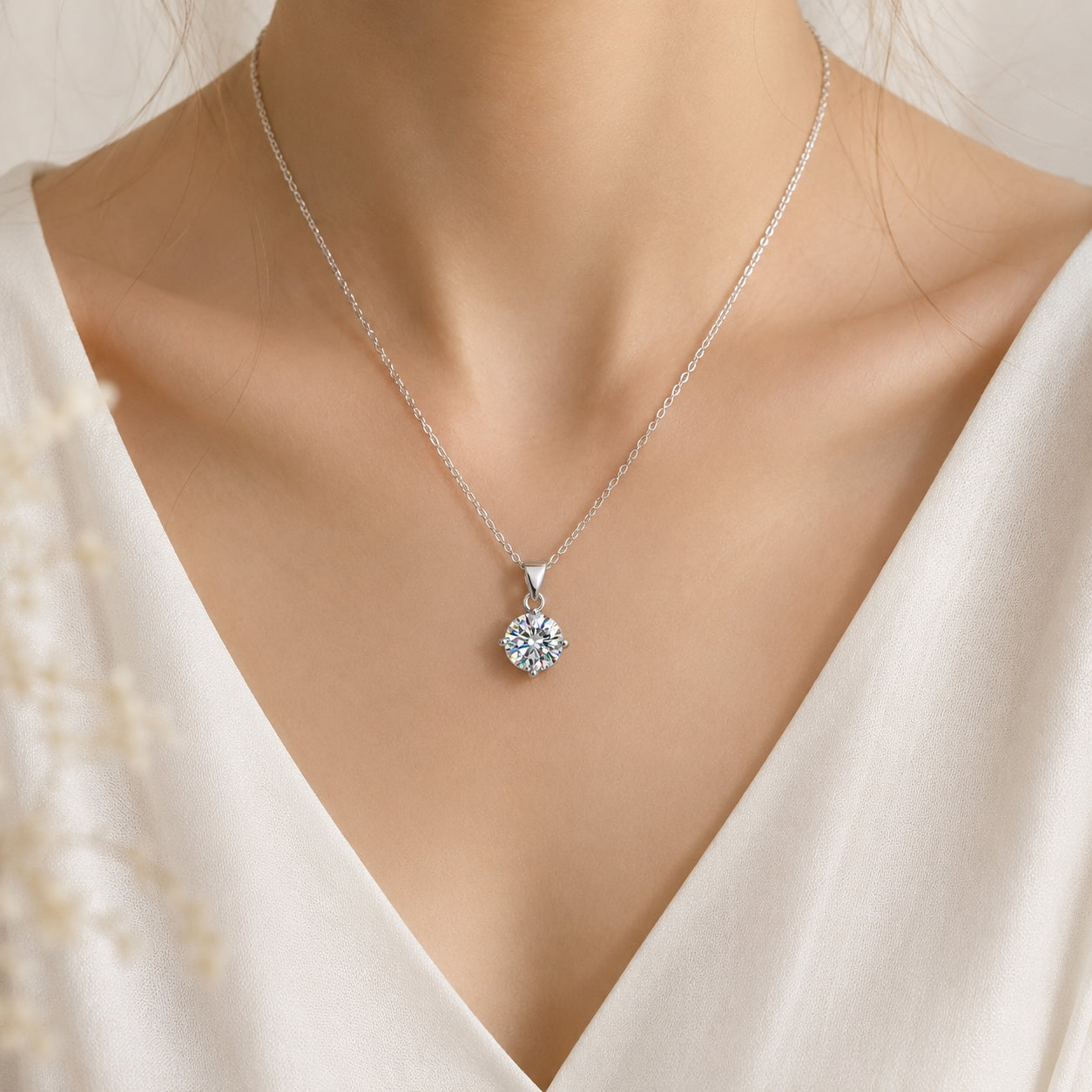 Round Cut Moissanite Solitaire Pendant Necklace - 925 Silver