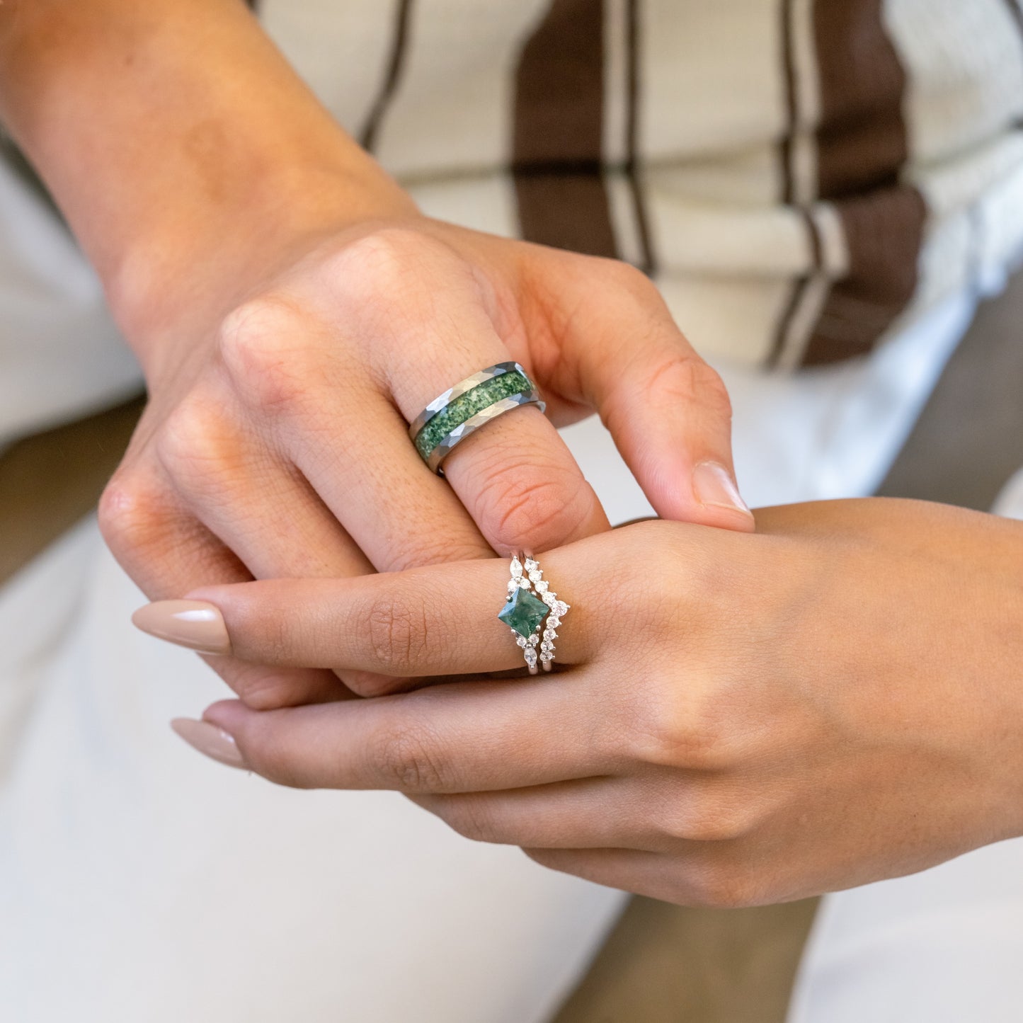 The Virelle - Natural Moss Agate Couple Ring Set
