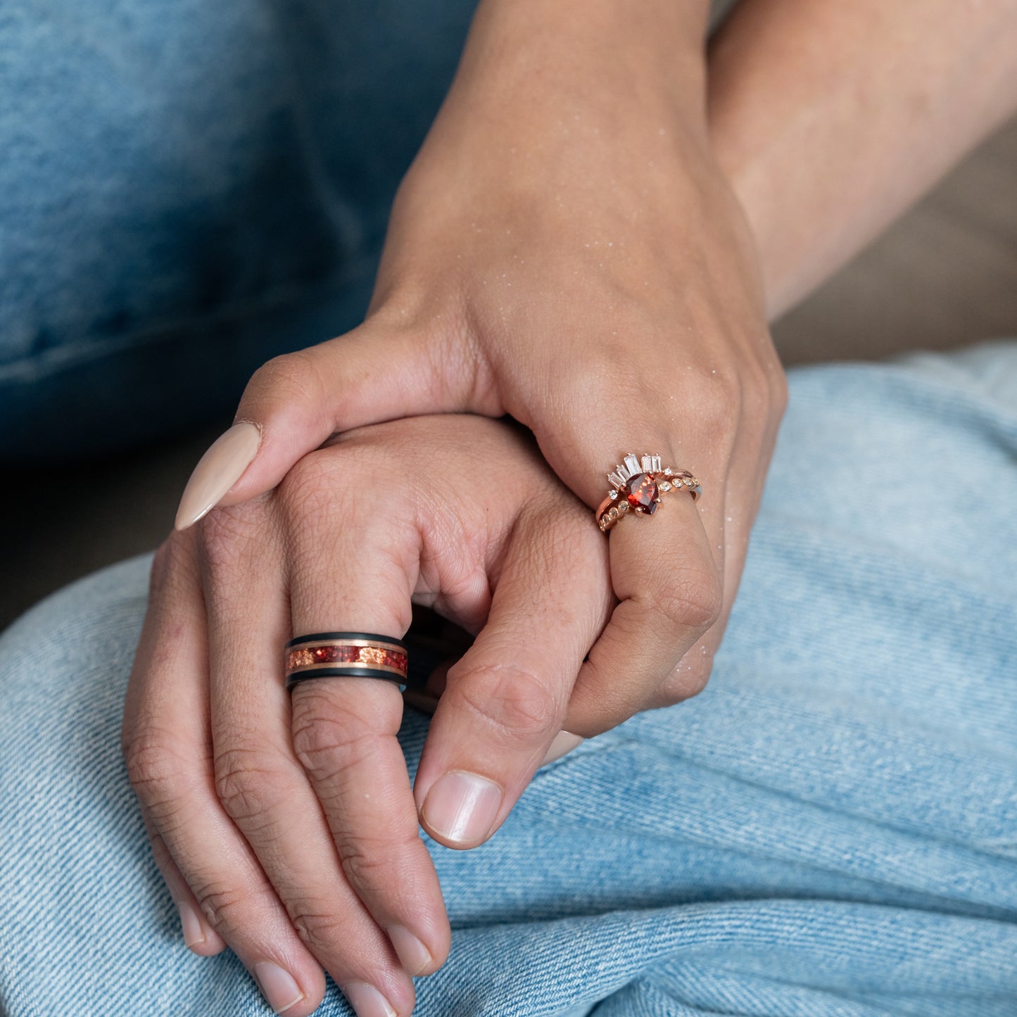 The Aurelia - Red Garnet Rose Gold Leaf Couple Ring Set