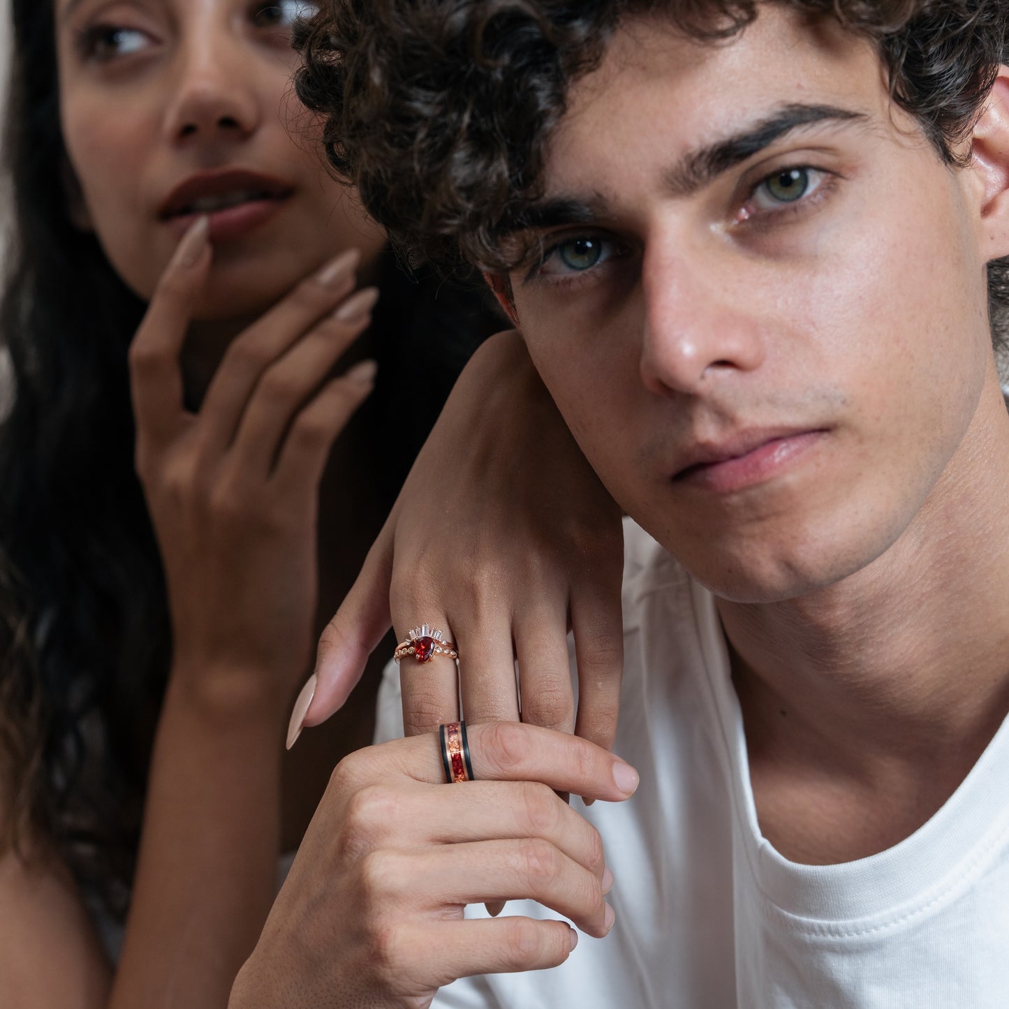The Aurelia - Red Garnet Rose Gold Leaf Couple Ring Set
