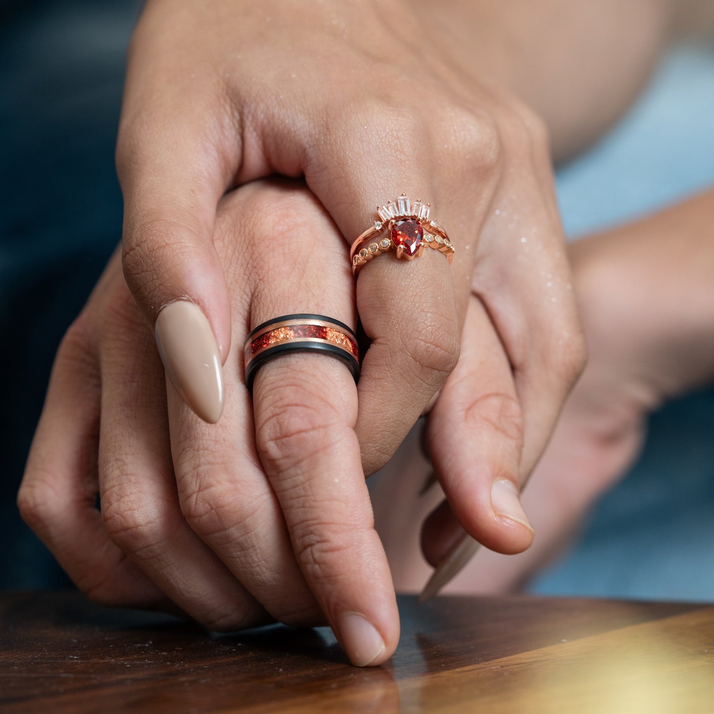 The Aurelia - Red Garnet Rose Gold Leaf Couple Ring Set