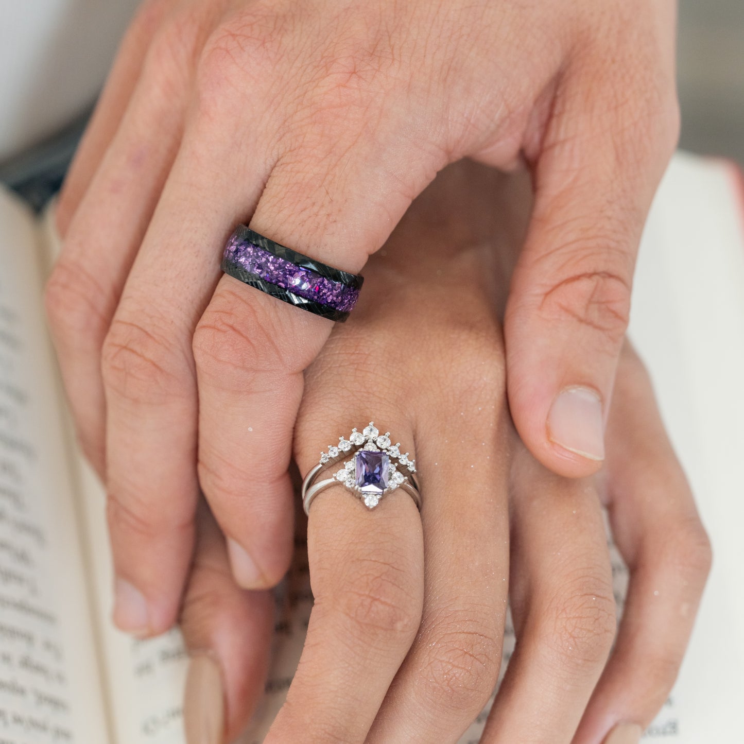 The Amara - Emerald Cut & Crushed Amethyst Couple Ring Set