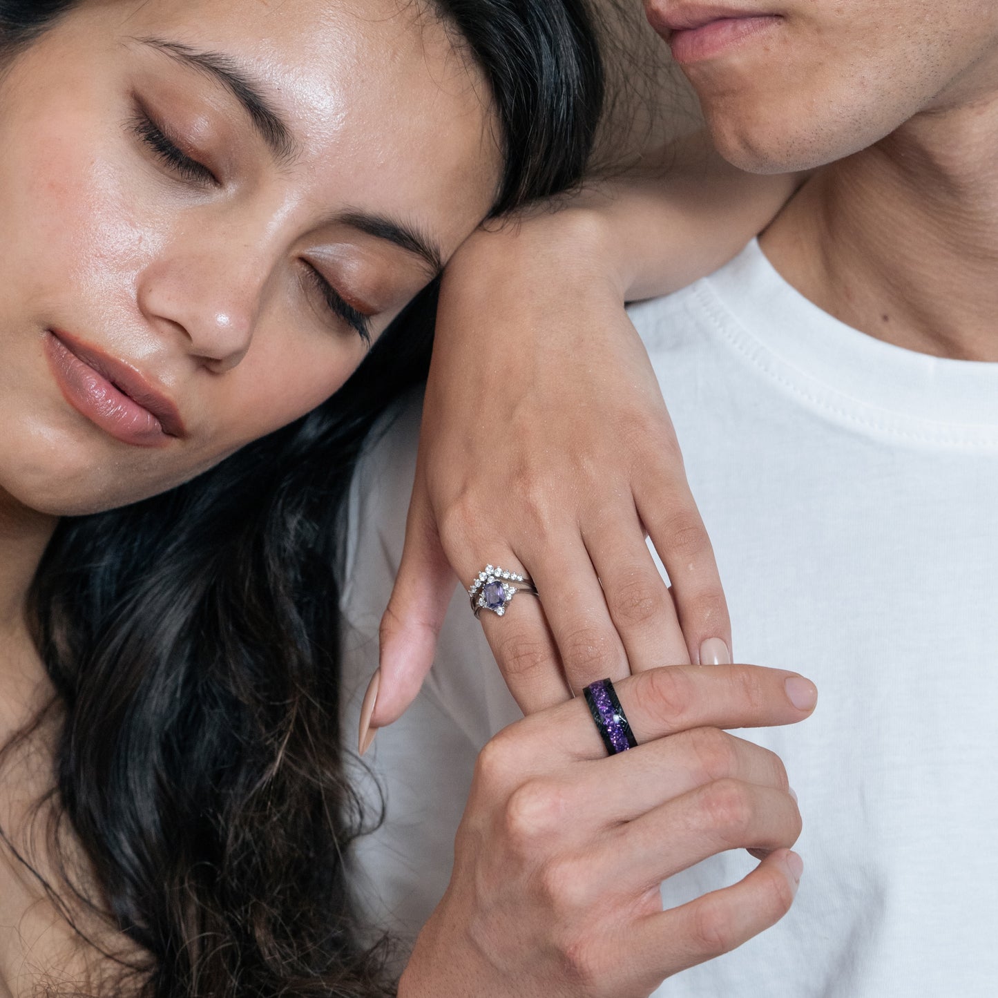 The Amara - Emerald Cut & Crushed Amethyst Couple Ring Set