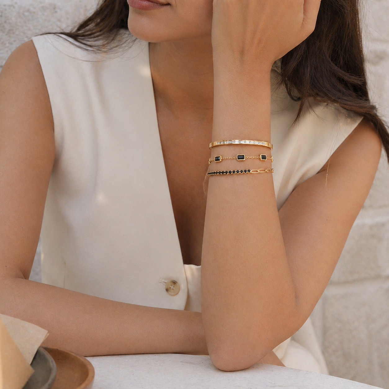 18k Gold Plated Onyx Bracelet Set