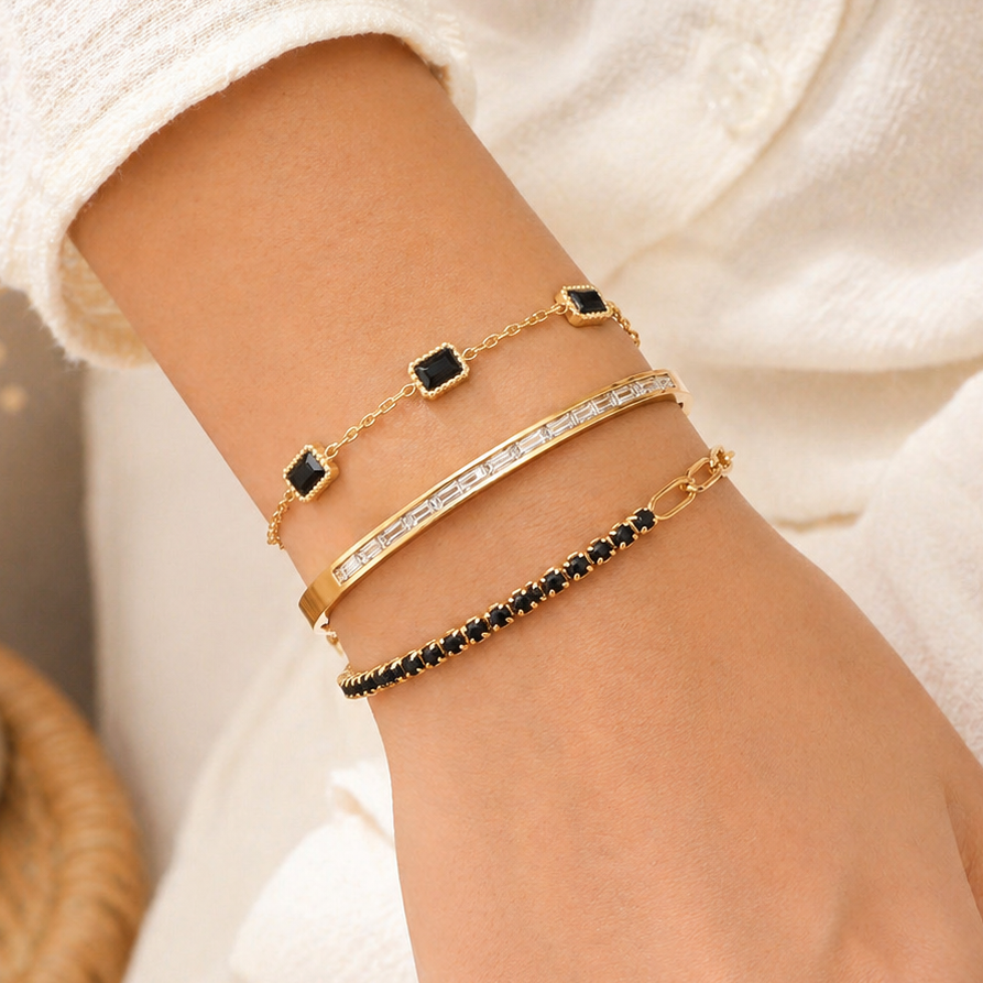 18k Gold Plated Onyx Bracelet Set