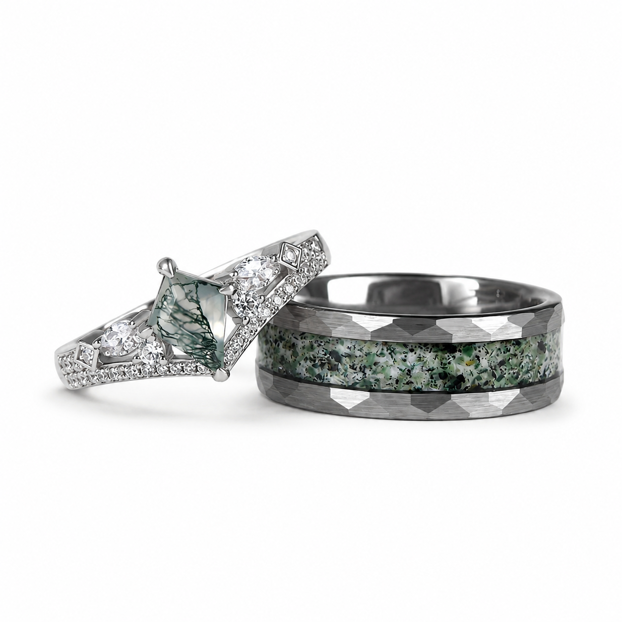 The Oakmere - Kite Cut Natural Moss Agate Couple Ring Set