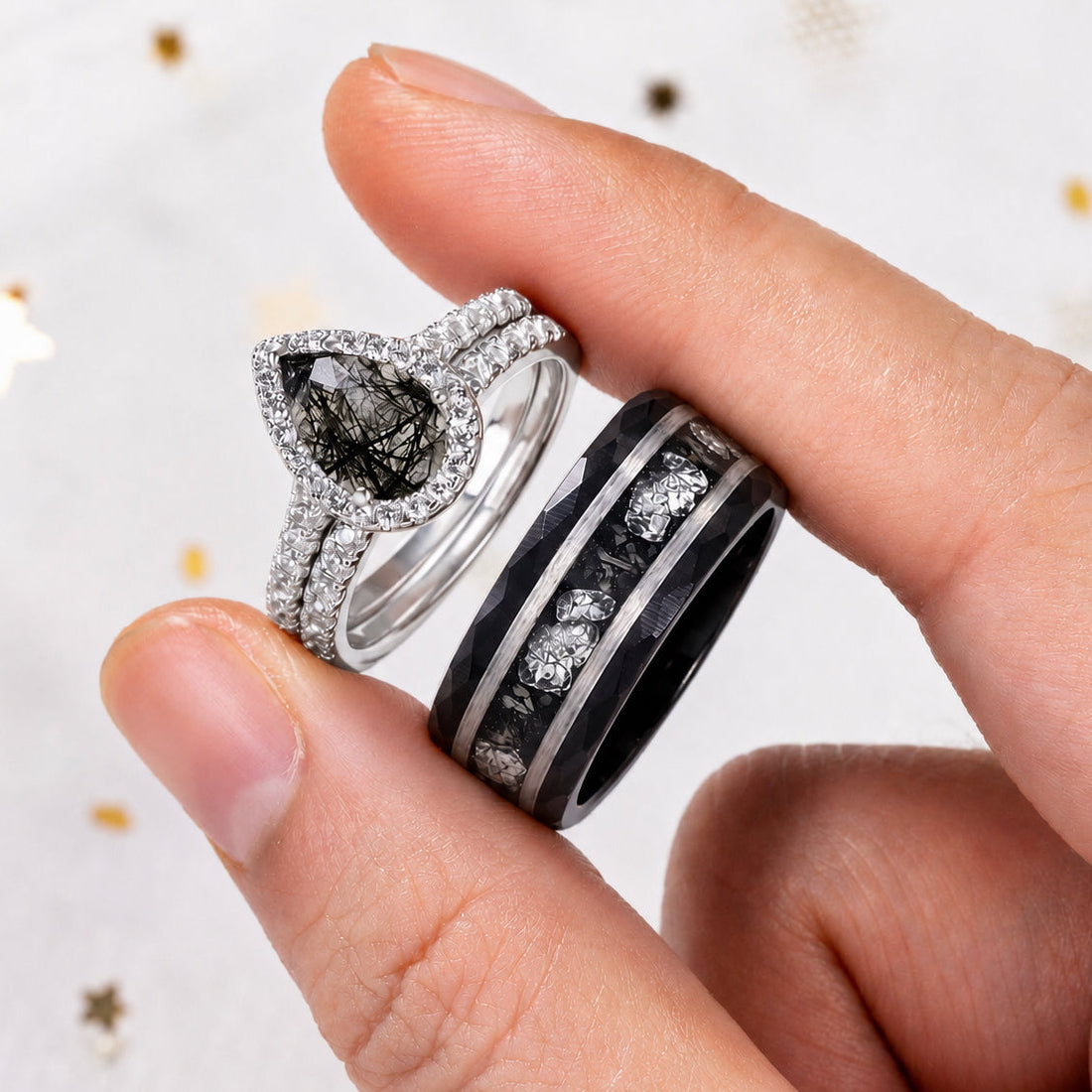 The Vesper - Natural Black Rutilated Quartz Couple Rings