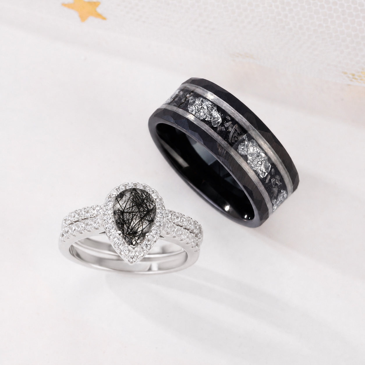 The Vesper - Natural Black Rutilated Quartz Couple Rings