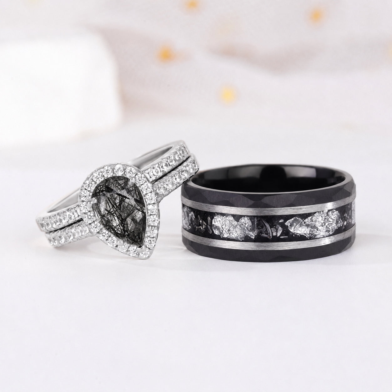 The Vesper - Natural Black Rutilated Quartz Couple Rings