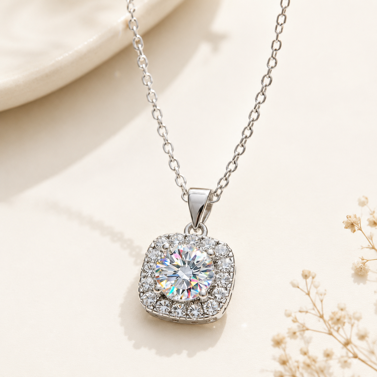 Cushion Halo Solitaire Moissanite Silver Necklace