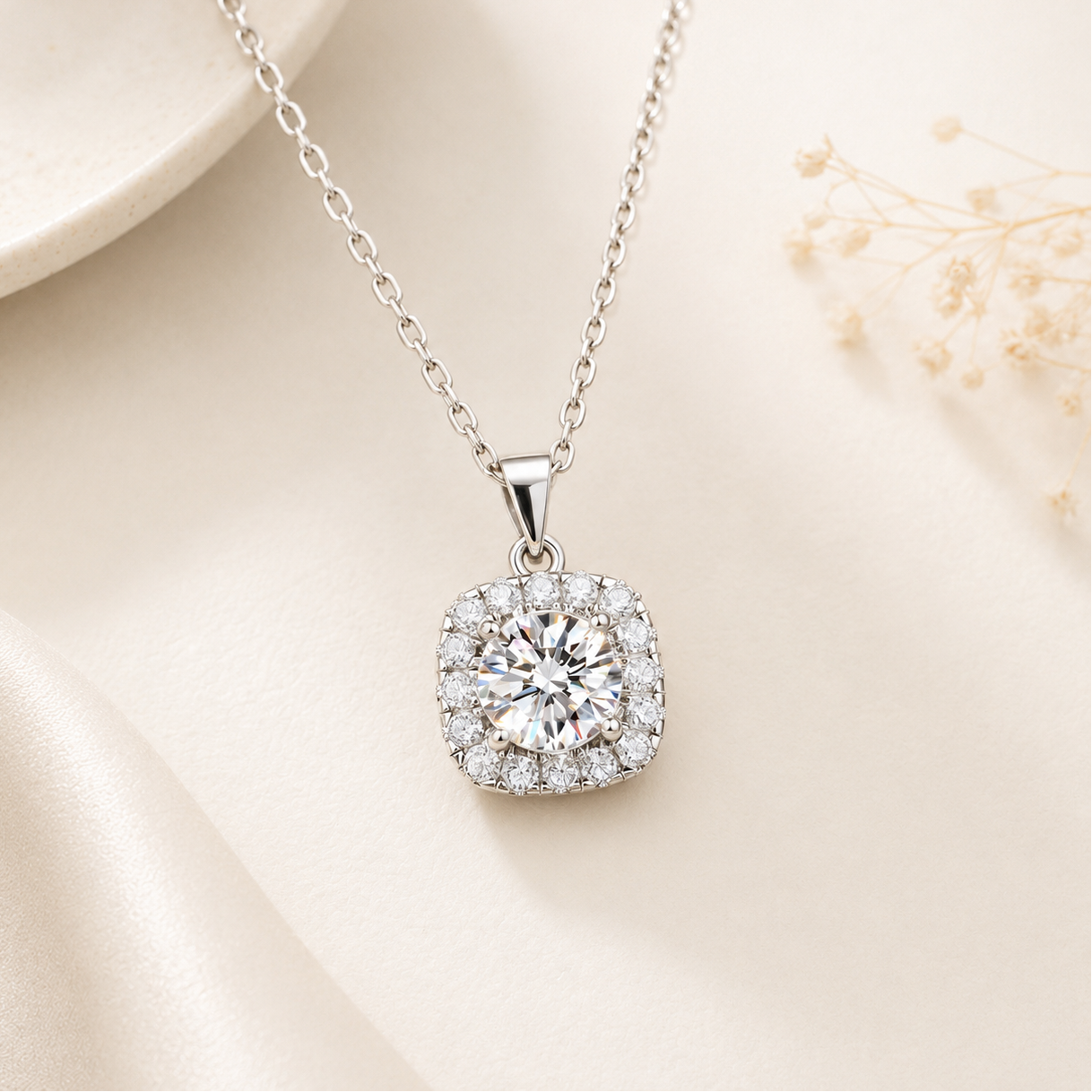 Cushion Halo Solitaire Moissanite Silver Necklace